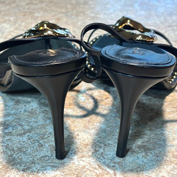 Schutz Women's Amarilis Stiletto Black Gold Sandal Mule Heels New Size 11 - Picture 5 of 11